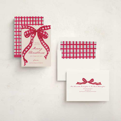 This is a cranberry business holiday cards with standard by ForeverPrint called tartan bow printing on signature in standard