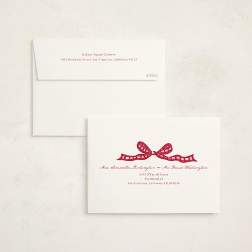 This is a cranberry business holiday cards with standard by ForeverPrint called tartan bow printing on signature in standard