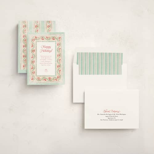 This is a mint business holiday cards with standard by Kamala Nahas called botanical border printing on signature in standard
