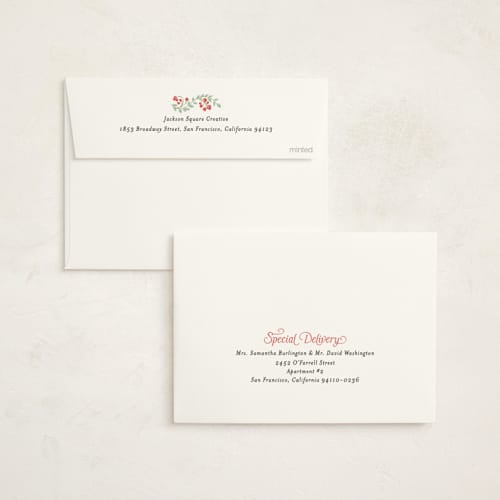 This is a mint business holiday cards with standard by Kamala Nahas called botanical border printing on signature in standard