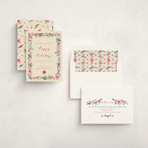 This is a ivory business holiday cards with standard by Sarah Rosenthal called decked in gratitude printing on signature in standard