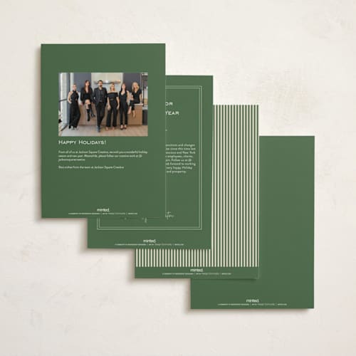 This is a pine business holiday cards with standard by Ellen Schlegelmilch called pinstriped border printing on signature in standard