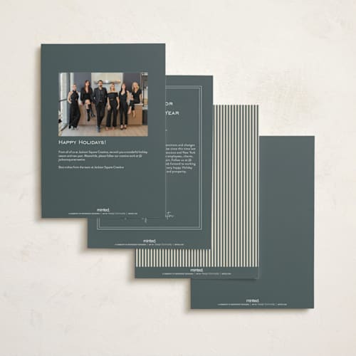 This is a navy business holiday cards with standard by Ellen Schlegelmilch called pinstriped border printing on signature in standard