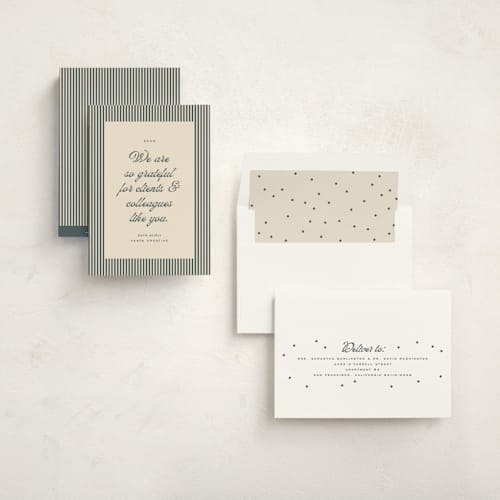 This is a navy business holiday cards with standard by Ellen Schlegelmilch called pinstriped border printing on signature in standard