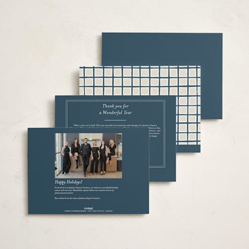 This is a navy business holiday cards with standard by AK Graphics called ribbon greeting printing on signature in standard