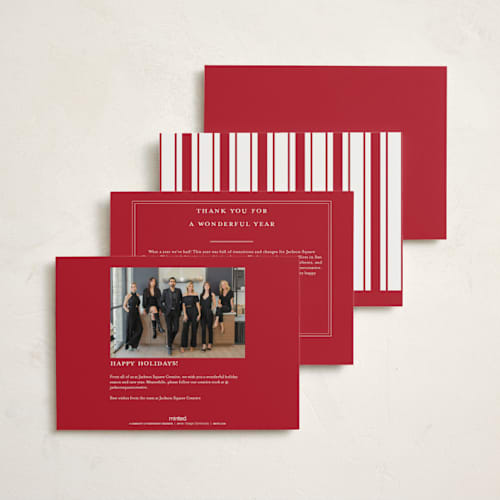 This is a santa suit business holiday cards with standard by Blustery August called milano printing on signature in standard
