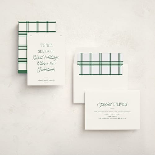 This is a wreath business holiday cards with standard by Blustery August called good tidings printing on signature in standard