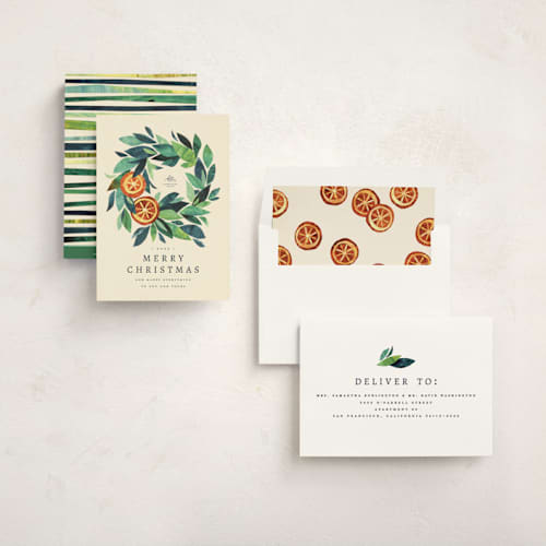 This is a crème business holiday cards with standard by Anastasia Makarova called paper orange wreath printing on signature in standard