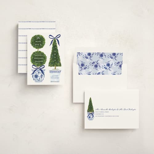 This is a harbor business holiday cards with standard by Susan Zinader called festive topiaries printing on signature in standard