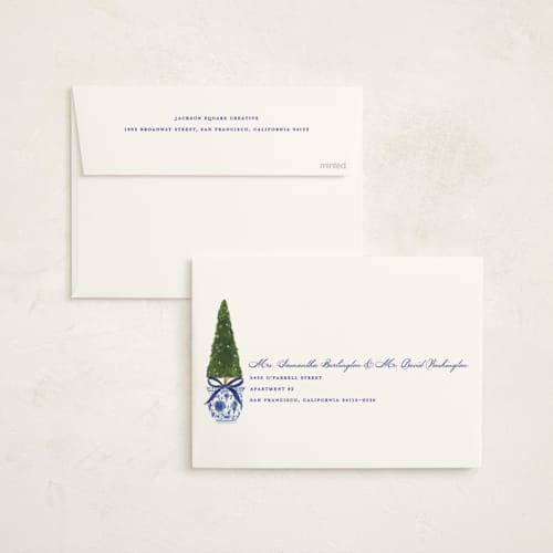 This is a harbor business holiday cards with standard by Susan Zinader called festive topiaries printing on signature in standard