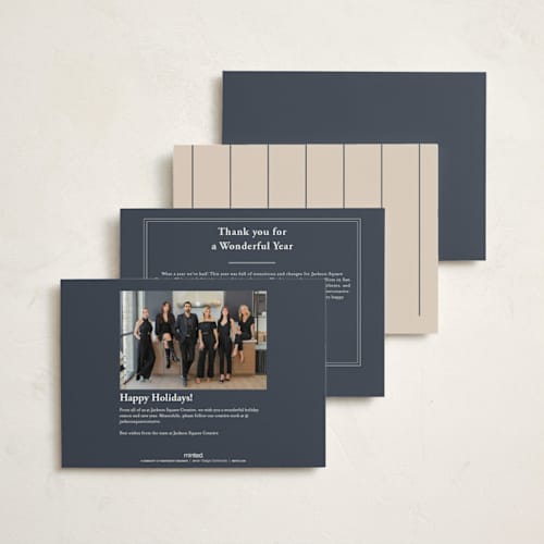 This is a navy business holiday cards with standard by Meggy Masters called adorned thanks printing on signature in standard