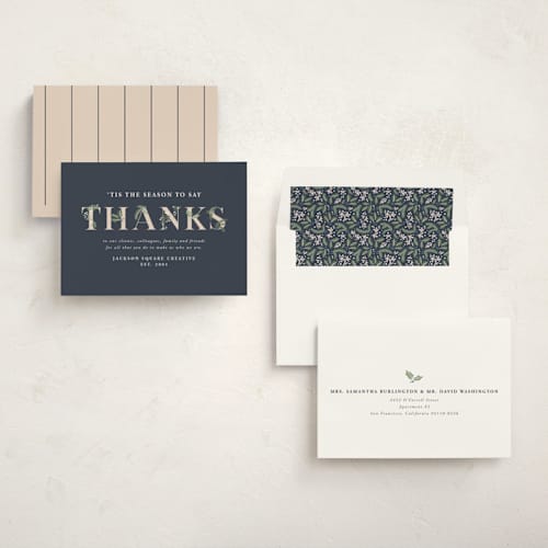 This is a navy business holiday cards with standard by Meggy Masters called adorned thanks printing on signature in standard