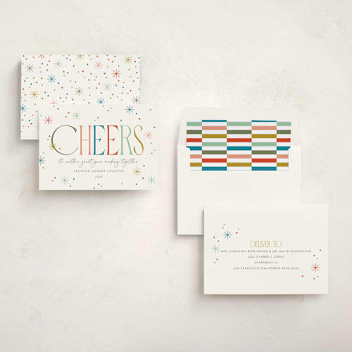This is a confetti business holiday cards with standard by Robert and Stella called cheers to you! printing on signature in standard