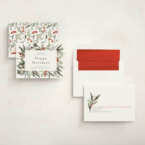 This is a holly berry business holiday cards with standard by Susan Moyal called holiday botanical printing on signature in standard