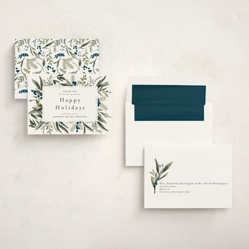 This is a winter berry business holiday cards with standard by Susan Moyal called holiday botanical printing on signature in standard