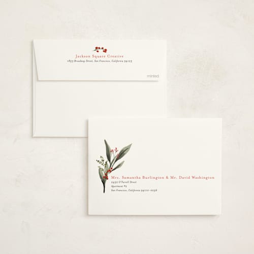 This is a holly berry business holiday cards with standard by Susan Moyal called holiday botanical printing on signature in standard
