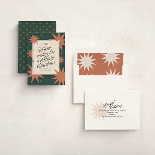 This is a rust business holiday cards with standard by Owl and Toad called modern bursts printing on signature in standard