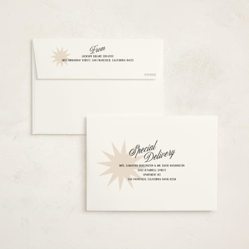 This is a rust business holiday cards with standard by Owl and Toad called modern bursts printing on signature in standard