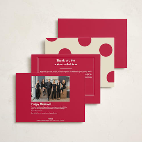 This is a pomegranate business holiday cards with standard by Baumbirdy called postcard polkadot printing on signature in standard
