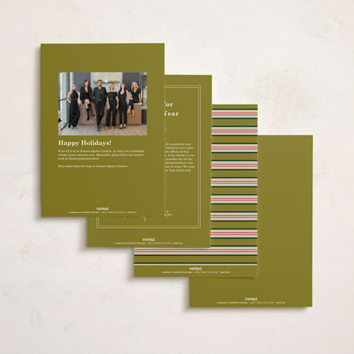 This is a pistachio business holiday cards with standard by Baumbirdy called stripe printing on signature in standard