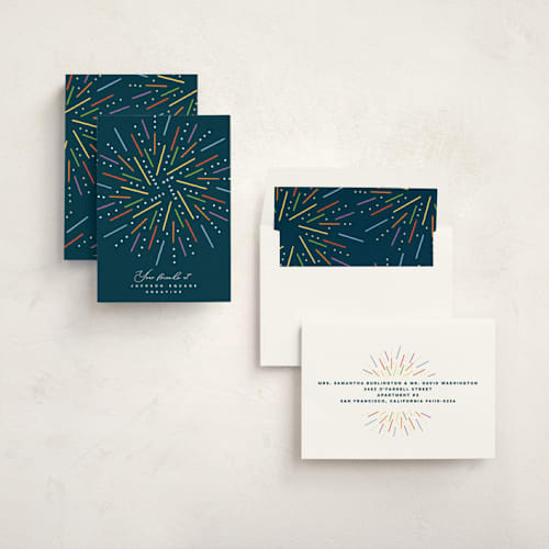 This is a rainbow business holiday cards with standard by Owl and Toad called fireworks printing on signature in standard