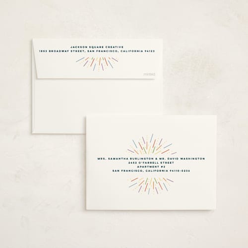 This is a rainbow business holiday cards with standard by Owl and Toad called fireworks printing on signature in standard