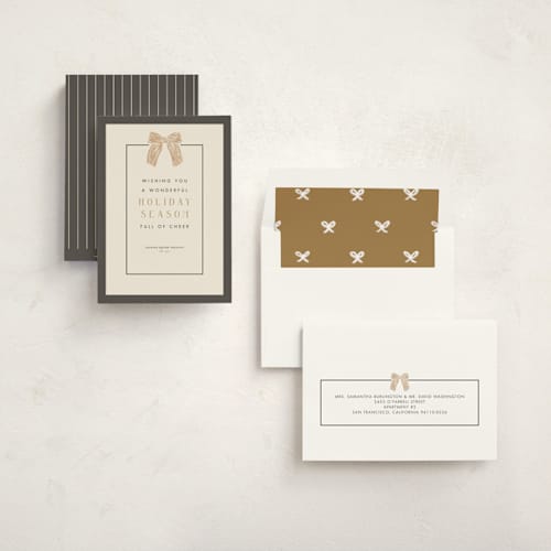 This is a charcoal business holiday cards with standard by Cindy Reynolds called watercolor bow printing on signature in standard