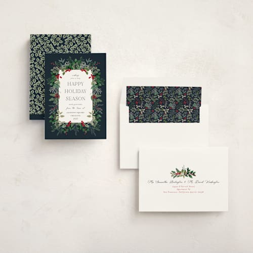 This is a holly berry business holiday cards with standard by Susan Moyal called greenery framed printing on signature in standard