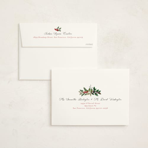 This is a holly berry business holiday cards with standard by Susan Moyal called greenery framed printing on signature in standard