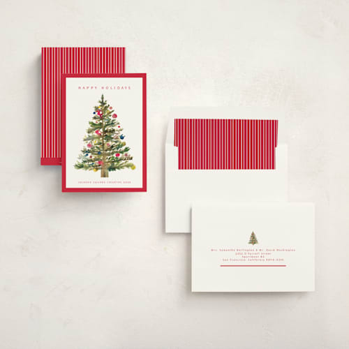 This is a scarlet business holiday cards with standard by Nicole Walsh called watercolor tree printing on signature in standard