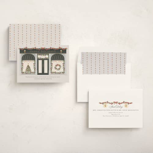 This is a wreath business holiday cards with standard by Ana de Sousa called season’s greetings storefront printing on signature in standard