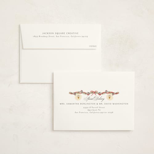 This is a wreath business holiday cards with standard by Ana de Sousa called season’s greetings storefront printing on signature in standard