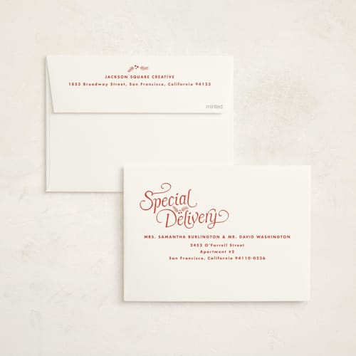 This is a candy apple business holiday cards with standard by Tamara Hilje called striped stamp printing on signature in standard