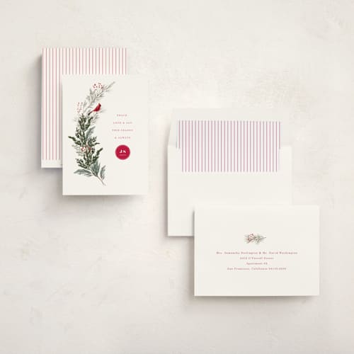 This is a holly berry business holiday cards with standard by Baumbirdy called cardinal printing on signature in standard