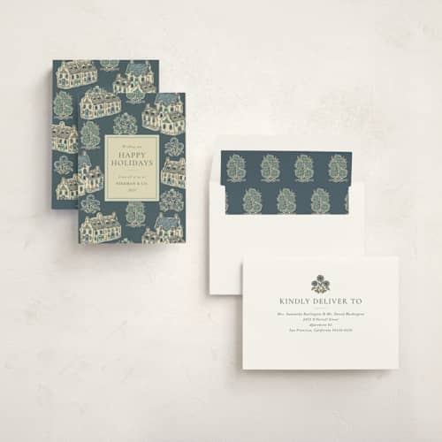 This is a frost business holiday cards with standard by Jackie Crawford called cozy cottage toile printing on signature in standard
