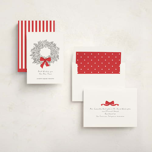 This is a poppy business holiday cards with standard by mo kelley called wreath with bow printing on signature in standard