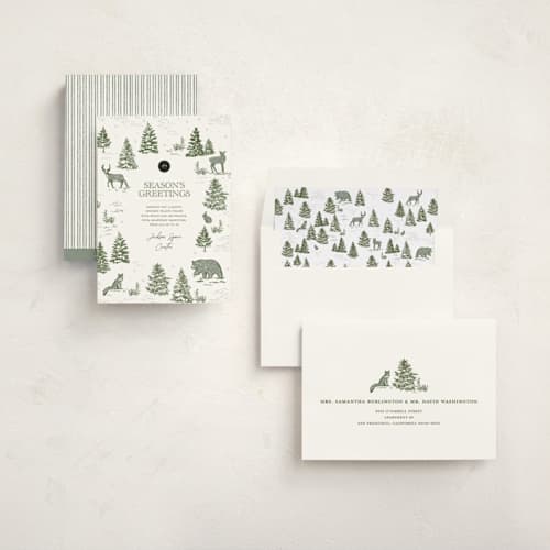 This is a pine business holiday cards with standard by Jenna Holcomb called forest animals printing on signature in standard