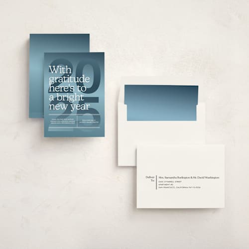 This is a frozen lake business holiday cards with standard by Annie Clark called horizon printing on signature in standard