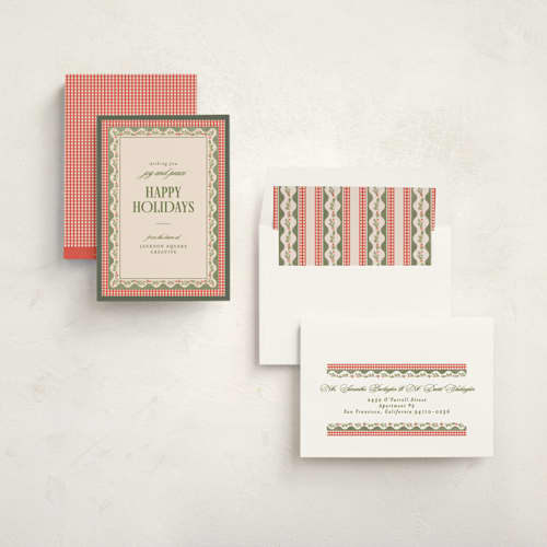 This is a santa suit business holiday cards with standard by Creo Study called festive heritage printing on signature in standard