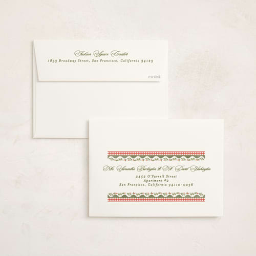 This is a santa suit business holiday cards with standard by Creo Study called festive heritage printing on signature in standard