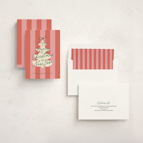This is a candy business holiday cards with standard by Louise Kay called merry snowy tree printing on signature in standard