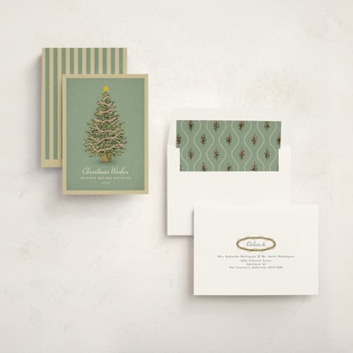 This is a evergreen business holiday cards with standard by Paola Benenati called the vintage tree printing on signature in standard