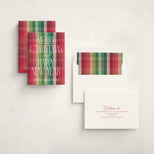 This is a cranberry business holiday cards with standard by Kacey Kendrick Wagner called holiday flannel printing on signature in standard