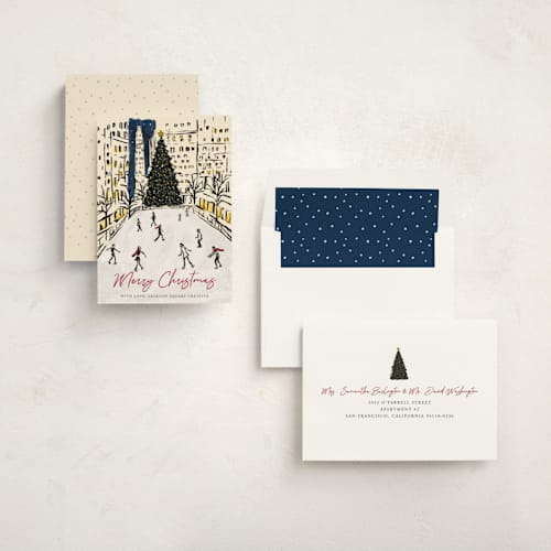 This is a champagne business holiday cards with standard by Cass Loh called city skaters printing on signature in standard