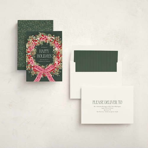 This is a flamingo business holiday cards with standard by Jackie Crawford called festive woven ribbon wreath printing on signature in standard