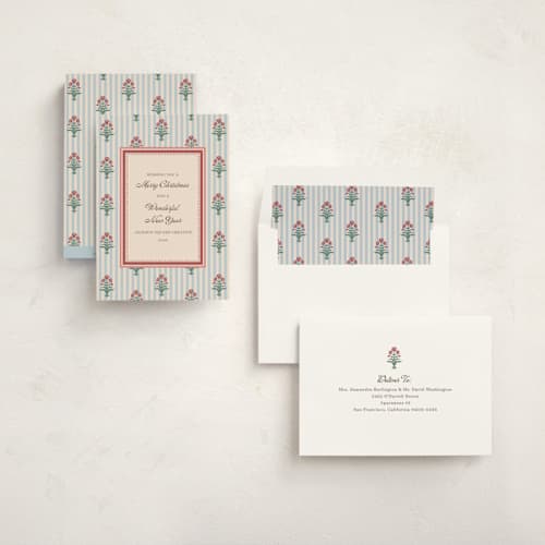This is a frost business holiday cards with standard by Teju Reval called block print border printing on signature in standard