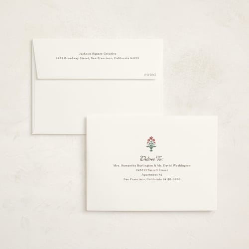This is a frost business holiday cards with standard by Teju Reval called block print border printing on signature in standard