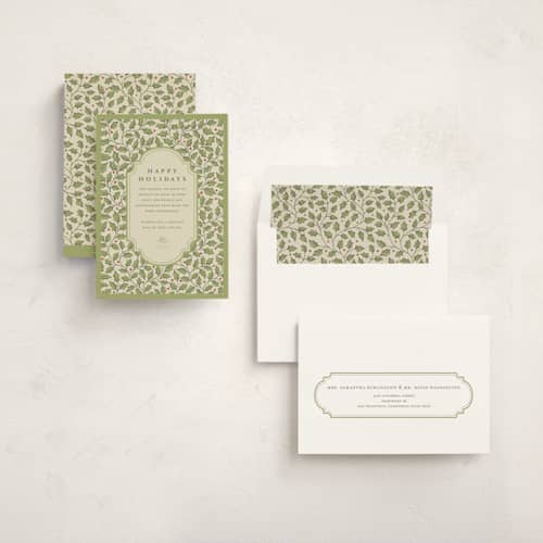 This is a holly business holiday cards with standard by Diana Pinnell called winter botanicals printing on signature in standard