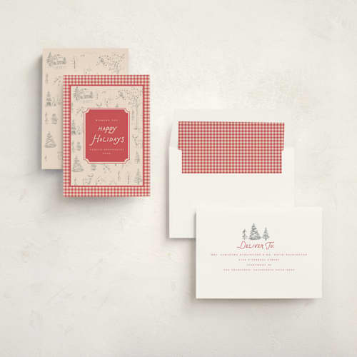 This is a berry business holiday cards with standard by Teju Reval called cozy toile printing on signature in standard
