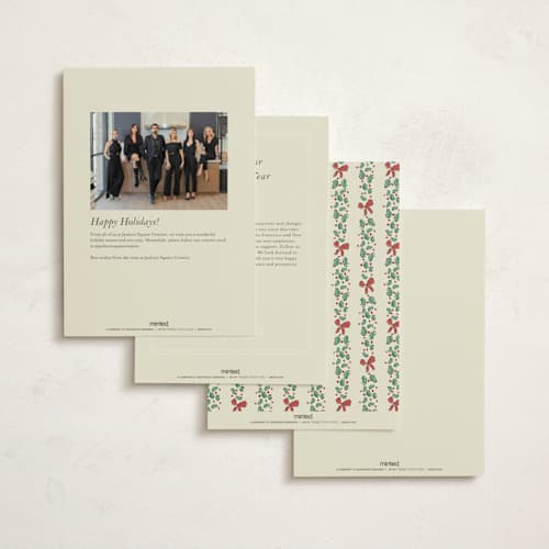 This is a ivory business holiday cards with standard by Sarah Rosenthal called porcelain & spruce printing on signature in standard